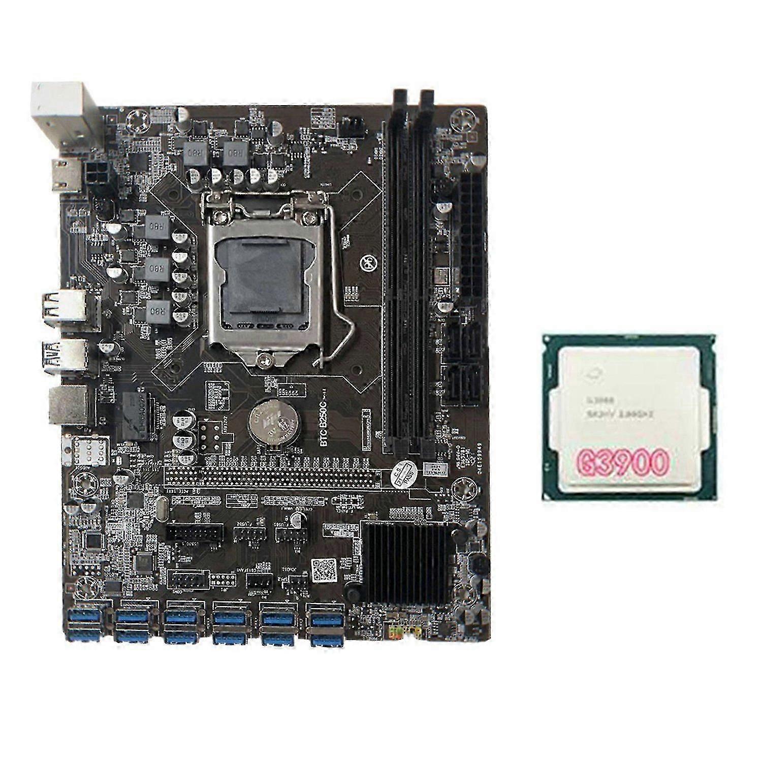 B250C BTC Mining Motherboard with G3900 CPU 12XPCIE to USB3.0 Graphics Card Slot LGA1151 Supports D
