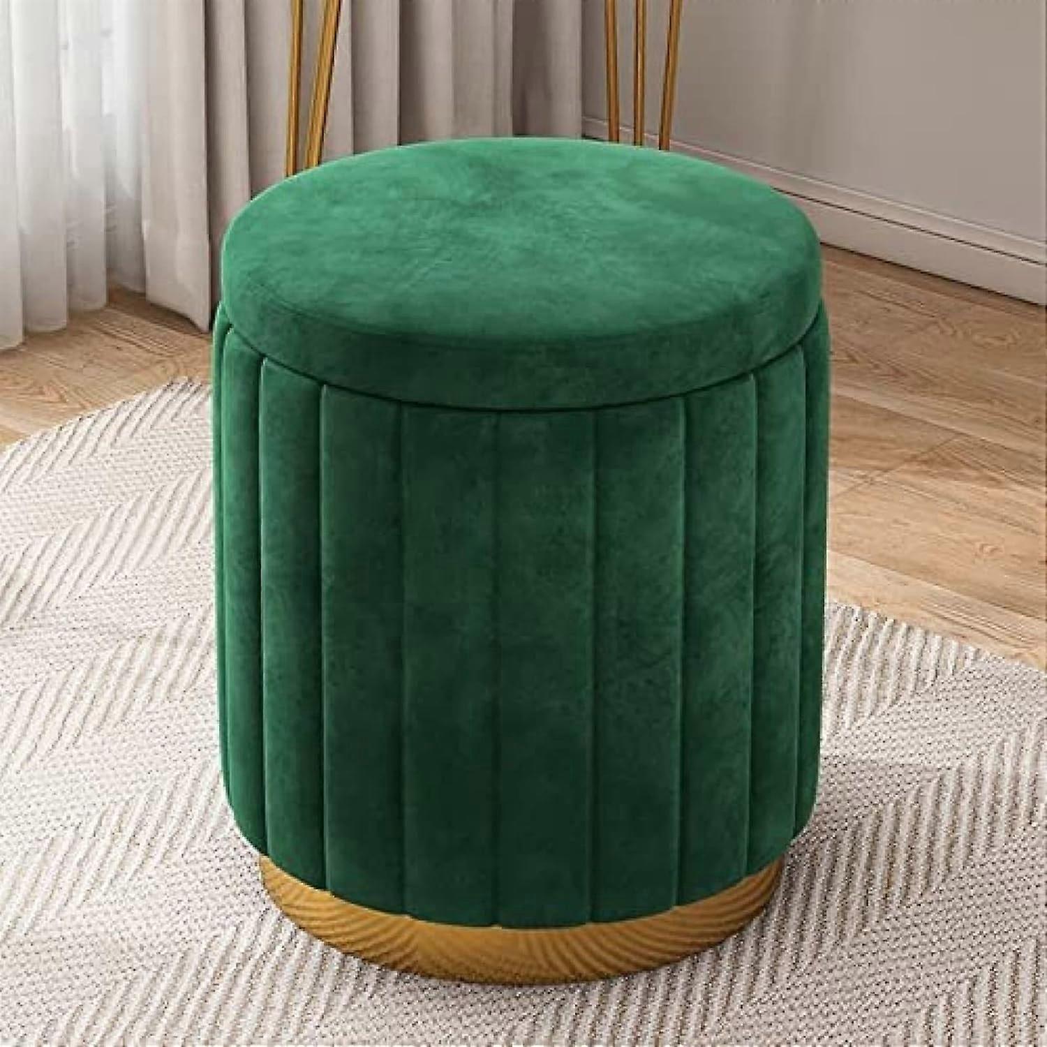 Round Velvet Storage Ottoman, Padded Soft Footstool With Gold Base, Vanity Stool With Large Capacity, Green