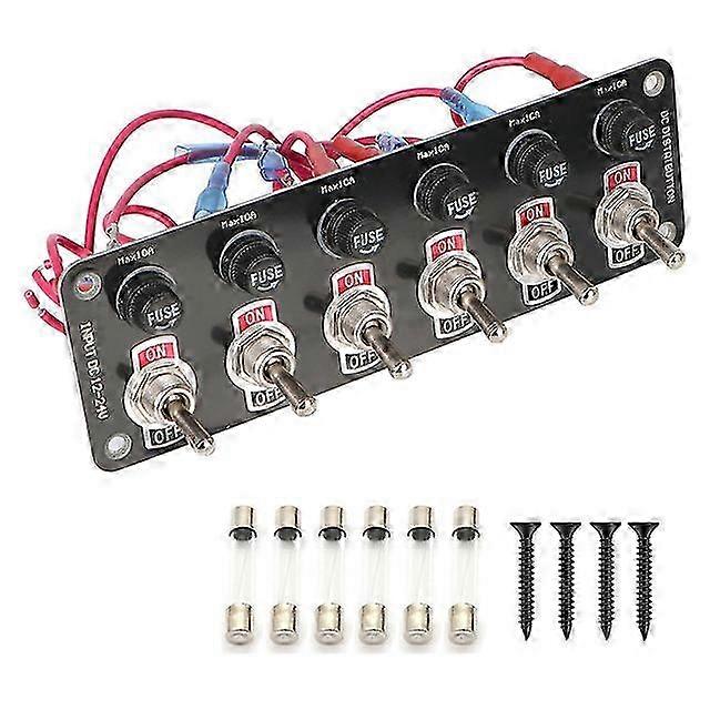 12V 24V Vehicle Accessories 6 Gang Toggle Switch Panel with 10A Fuse for Racing, RV, Camper, and Marine Use on Yachts, On/Off Rocker Toggle