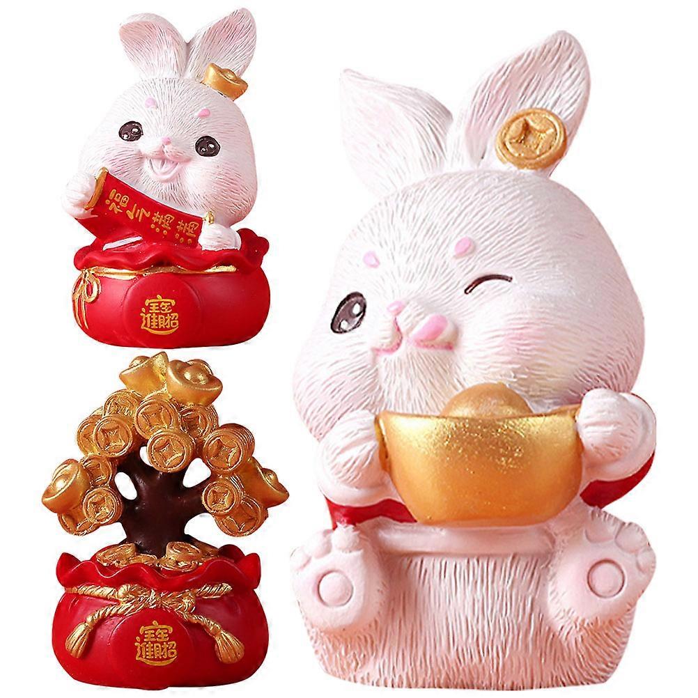 Rabbit Figurines Zodiac Rabbit Money Tree Statue Cartoon Style Resin Decoration for Desktop 3Pack