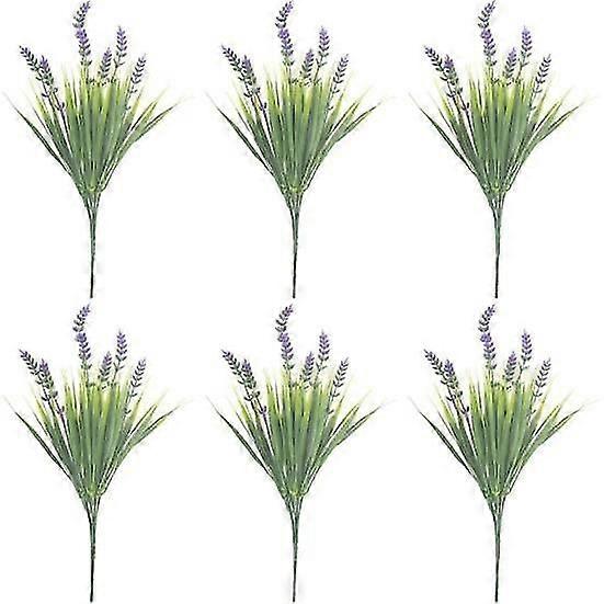 6Pcs Artificial Plants Outdoor Fake Grass with Flowers UV Resistant No Maintenance Forever-in-bloom Artificial Lavender Garden Window Box Decoration