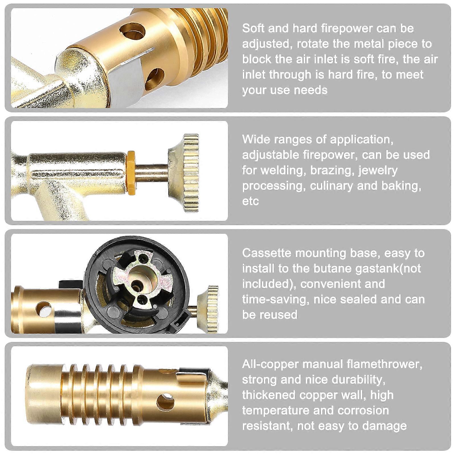 All-Copper Welding Torch Cassette Manual Flamethrower Portable Gases Burner High Temperature Resistant with Adjustable Firepower for Soldering Weldin