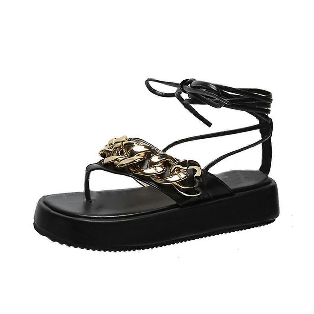 Women's Platform Lace-Up Sandals with Trendy Metal Chain Trim