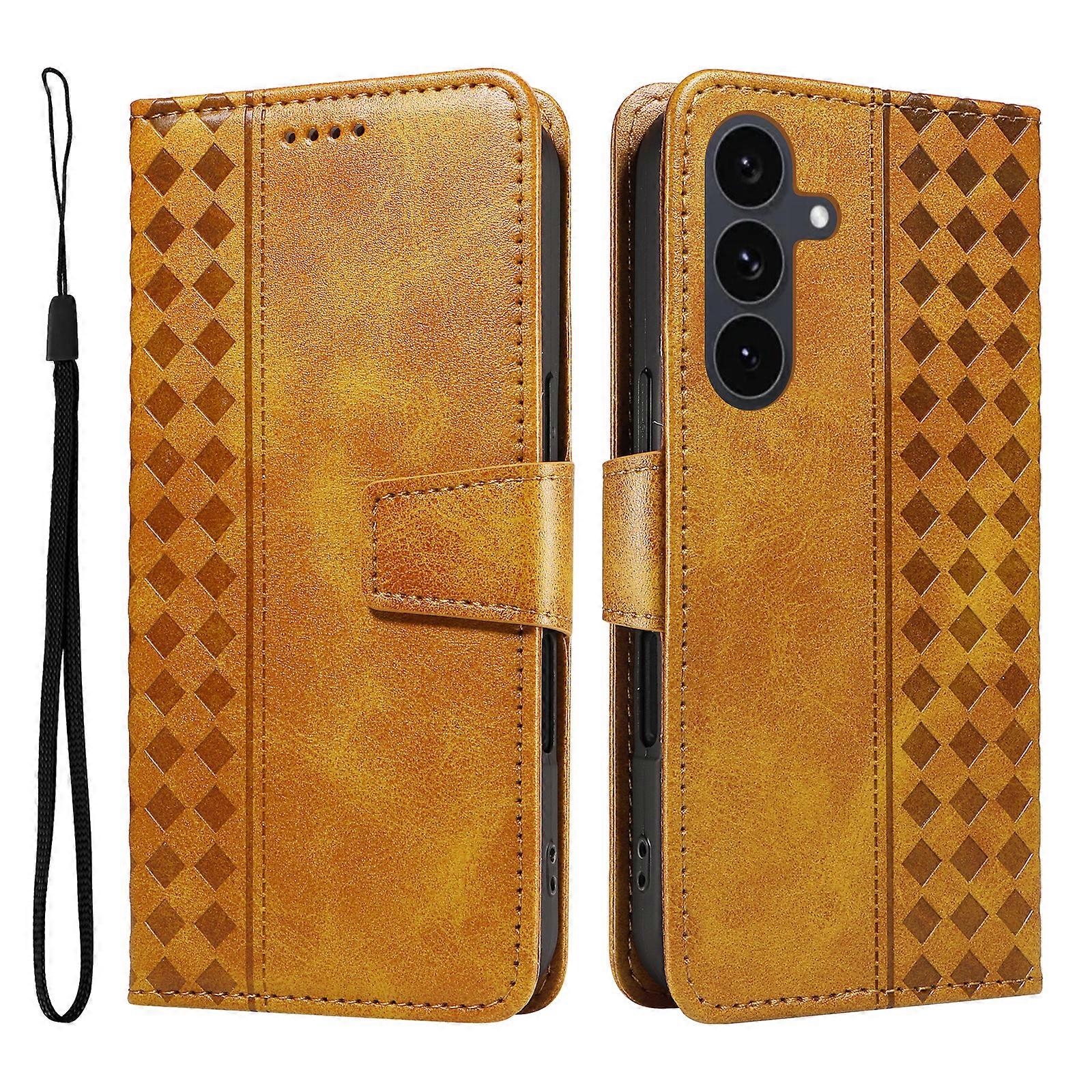 Compatible For Samsung Galaxy S25 FE Leather Case Wallet Stand Grids Imprinted Phone Cover with Strap