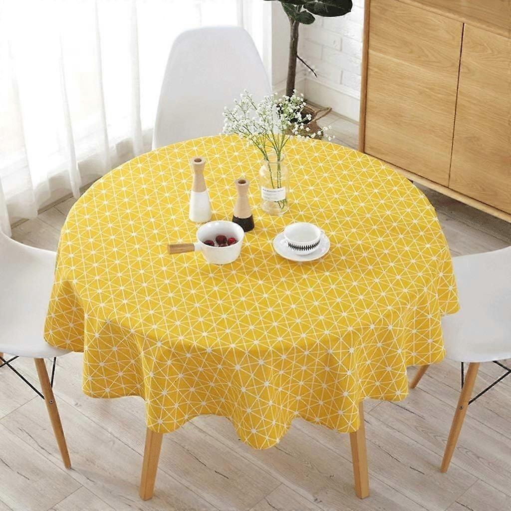 Round Tablecloth Cotton-Linen Blend, Yellow Pattern, Machine Washable, 120 cm Diameter