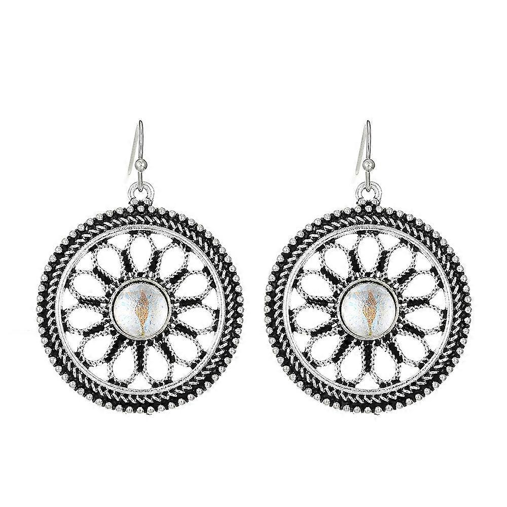 Turquoise Dangle Earrings - Antique Silver Geometric Ethnic Style