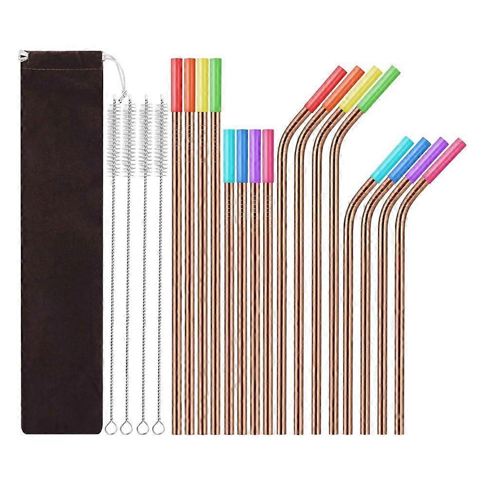 Stainless Steel Straw Set with Silicone Mouthpiece, Portable Rose Gold Metal Straw Brush, Easy Handling and Installation