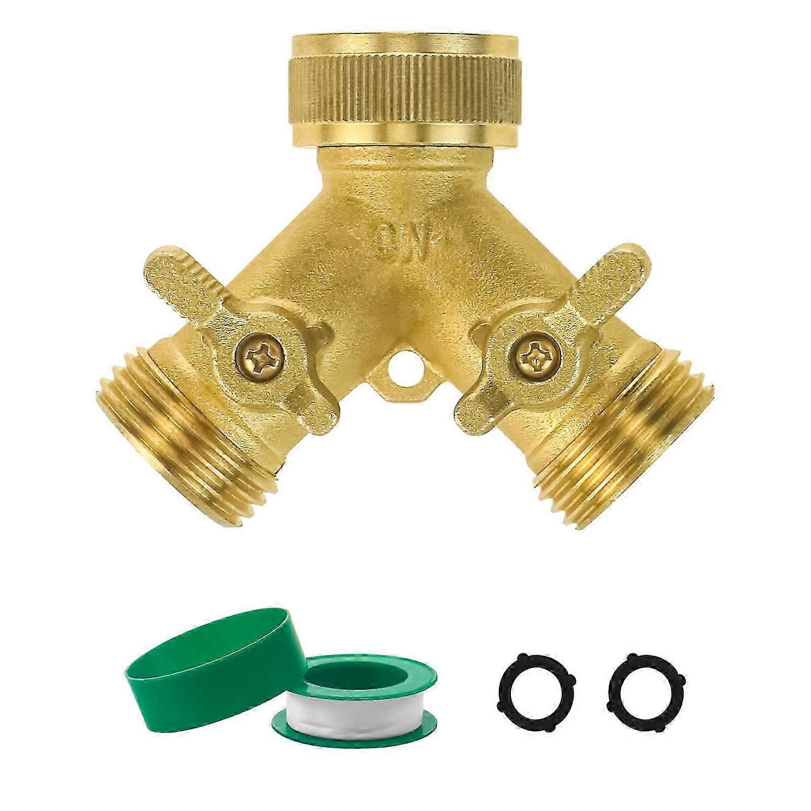 Solid Brass Y-Splitter Connector for Hose - Includes Extra Washers & Tape for Leak-Proof Installation