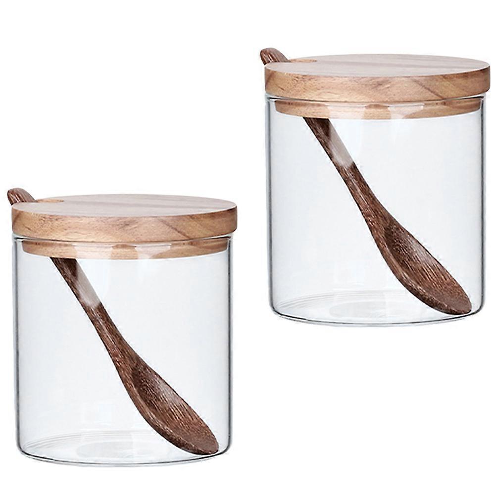 2 Piece Glass Seasoning Bottles with Wood Lid and Spoon for Storing Condiments Safely