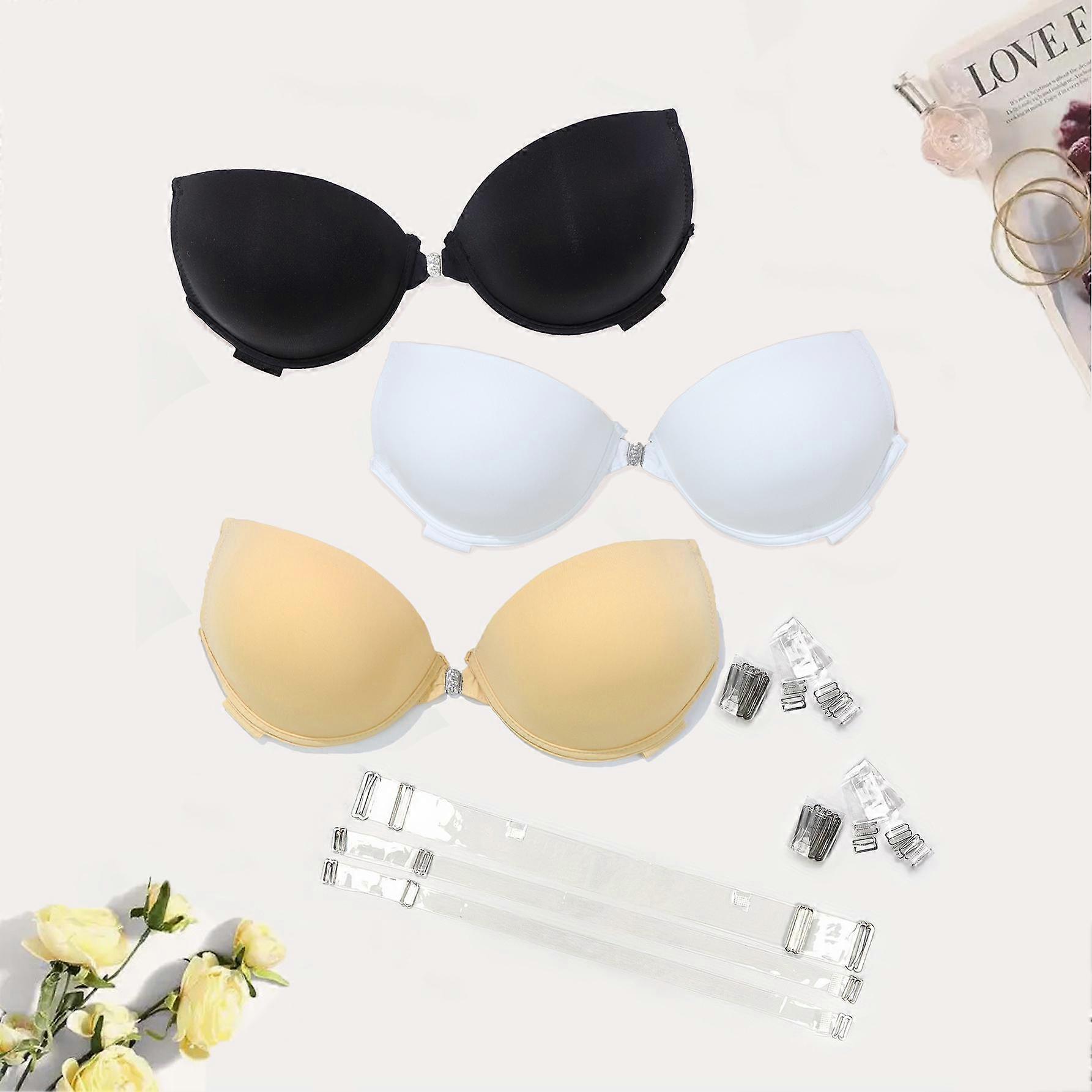 3Pcs/set Women's Side Buckle Lace Bra with Thin Sponge Pad, Clear Shoulder Straps and Back Straps Underwear for Dress and Party