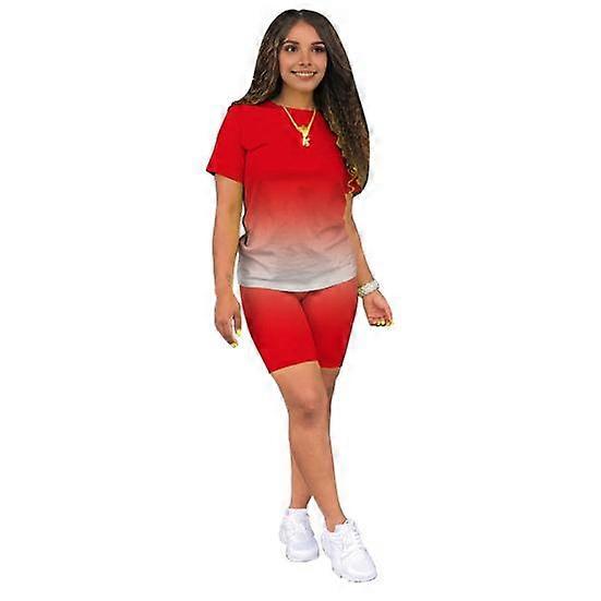 2 Pcs/Set Women T-shirt Shorts Set Gradient Contrast Color O Neck Short Sleeve Top