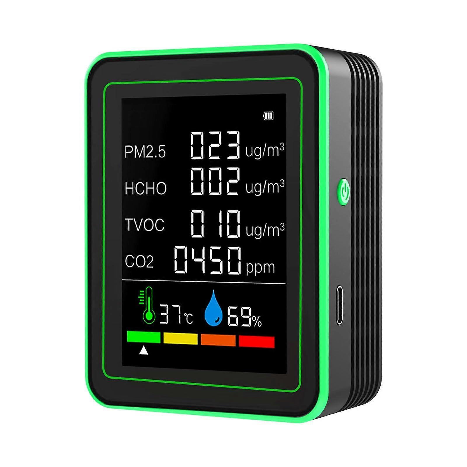Air Quality Monitor 6-In-1 For PM2.5, CO2, HCHO, TVOC, Temp, Humidity - Compact Home Air Quality Sensor