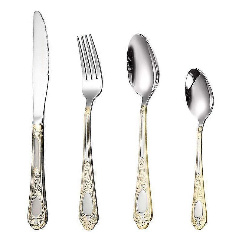 Set di posate 4 pezzi in acciaio inox dorato - Forchette e cucchiai - Coltello da tavola - Nickel free - Argento