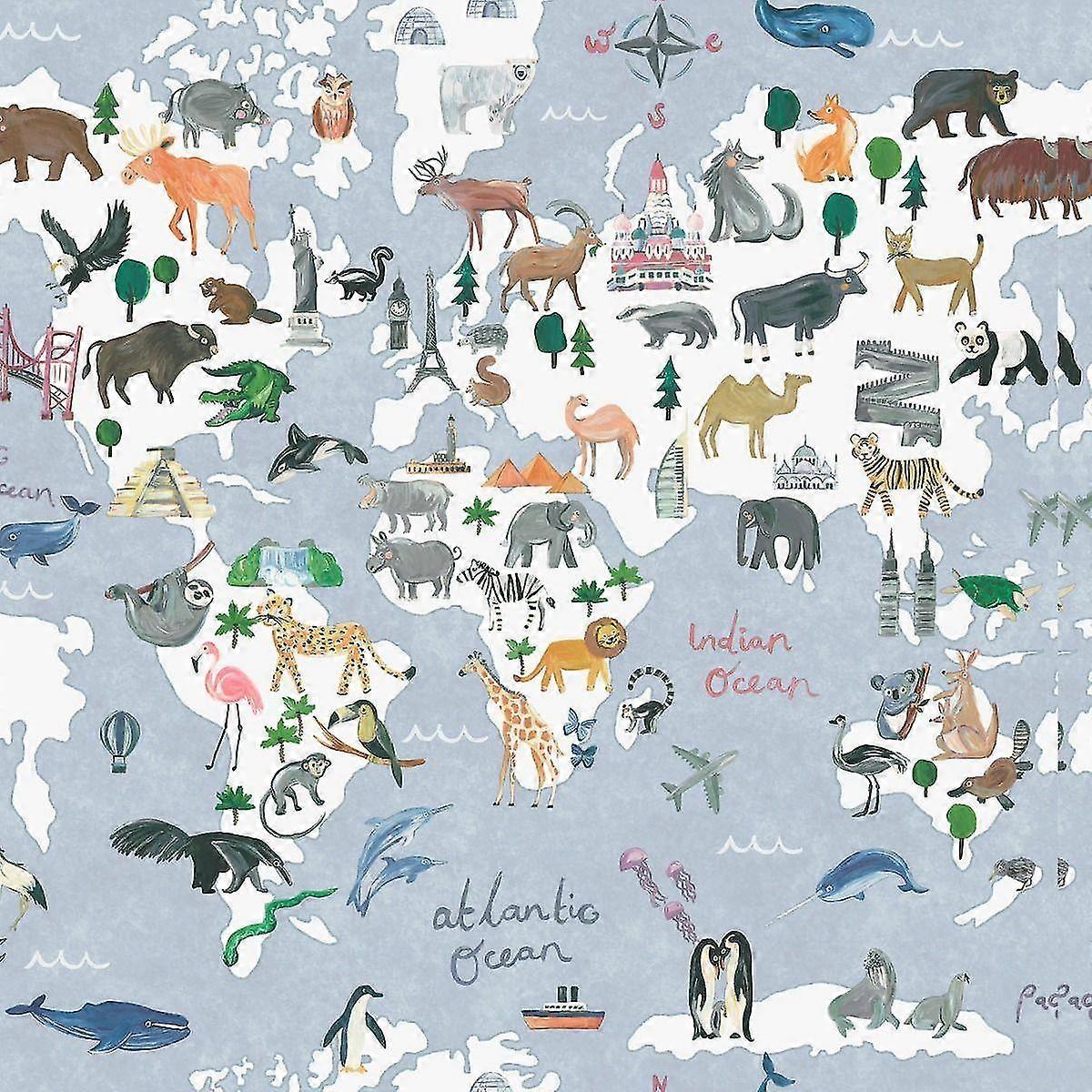 Animal Maps Blue Wallpaper