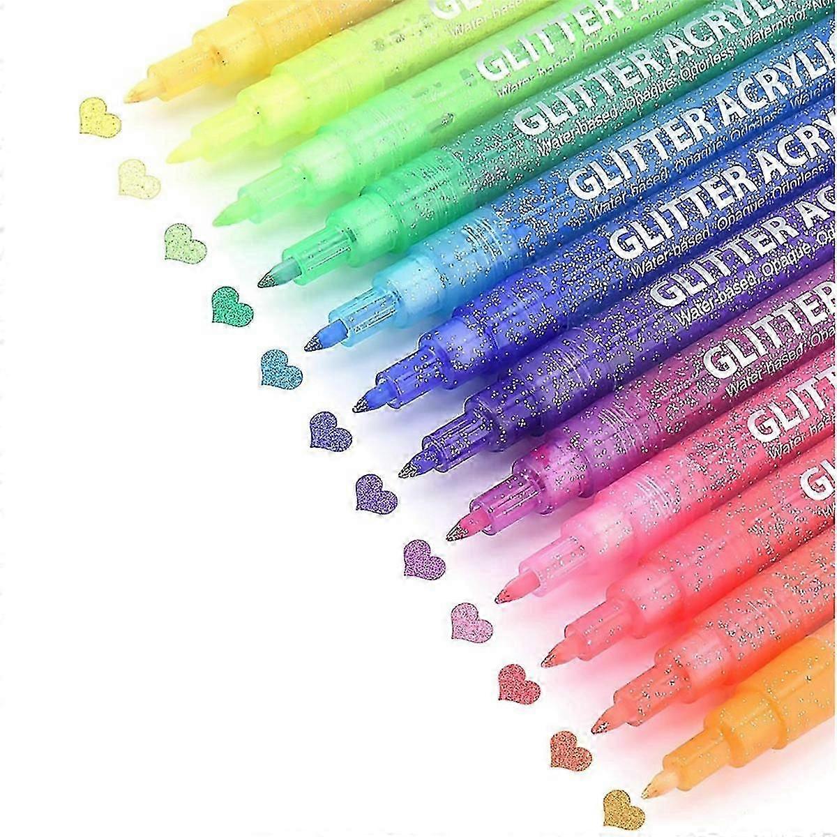 Glitter Paint Pens, 12 Colors Self-Outline Metallic Markers, Fine Point Tip Water-Based Ink DIY Cra