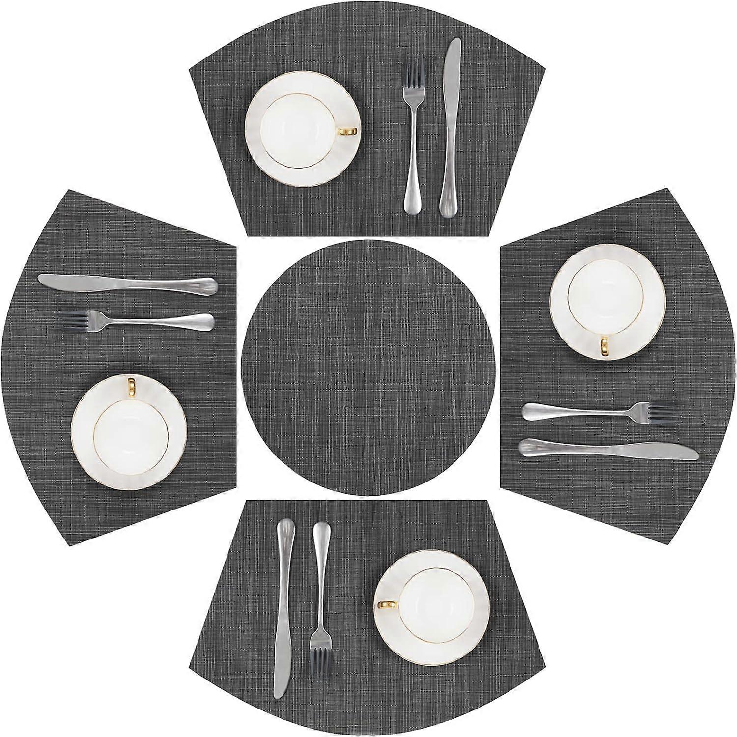 Round Table Placemats Set Wedge Shaped Place Mat With Centerpiece Round Mat Heat Resistant Table Mats Washable, Black Grey