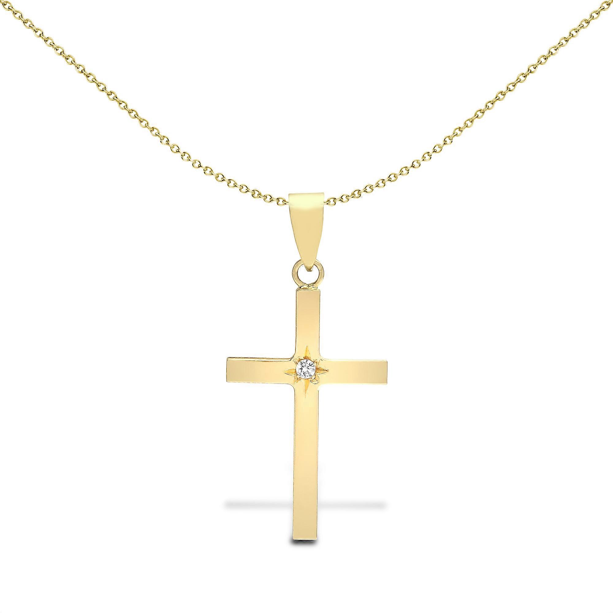 Jewelco London Solid 9ct Yellow Gold Gypsy Set Round I SI2 0.03ct Diamond Solitaire Cross Pendant