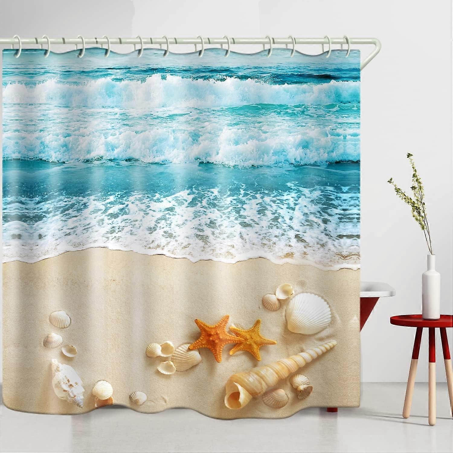 Waterproof Shower Curtain Set with Starfish & Sea Wave Print, Polyester Bath Liner & Hooks Included