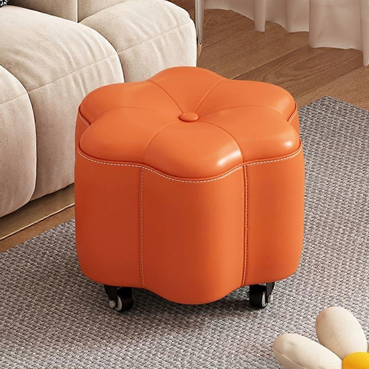 Entrance Shoe Change Stool PetalShape Small Ottoman Footstool With Swivel Casters Modern Leather Footrest Orange