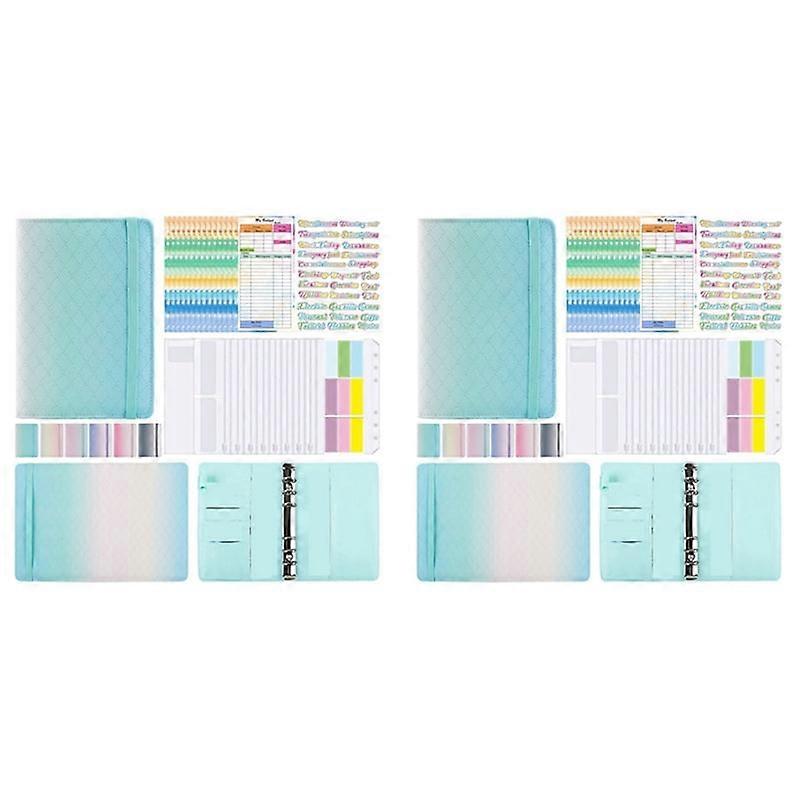 2X A6 Gradient Macaron Binder Hand Ledger Notebook Leather PU Loose-Leaf Book Cash Budget Book with Zip Bag, Green