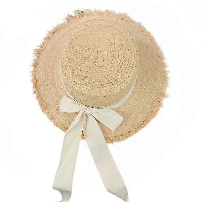 1PC Bow Ribbon Raffia Flat Beach Hat