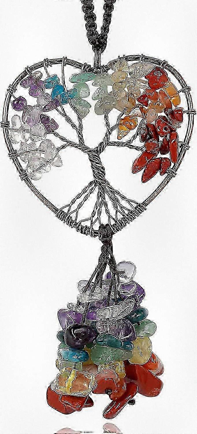 Heart-Shaped Spiritual Hanging Ornaments with 7 Chakra Stones for Bedroom and Room D��cor, Boho Style Crystal Car Rearview Mirror Decoration