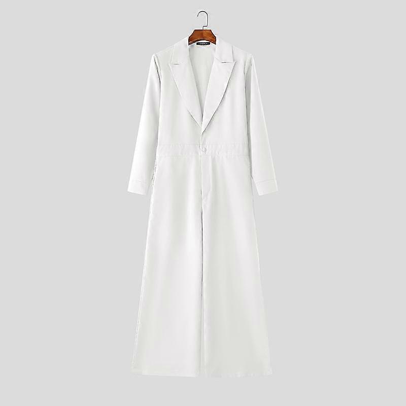 INCERUN Oversized Men Lapel Neck Long Sleeve Plain Loose Long Rompers Jumpsuits
