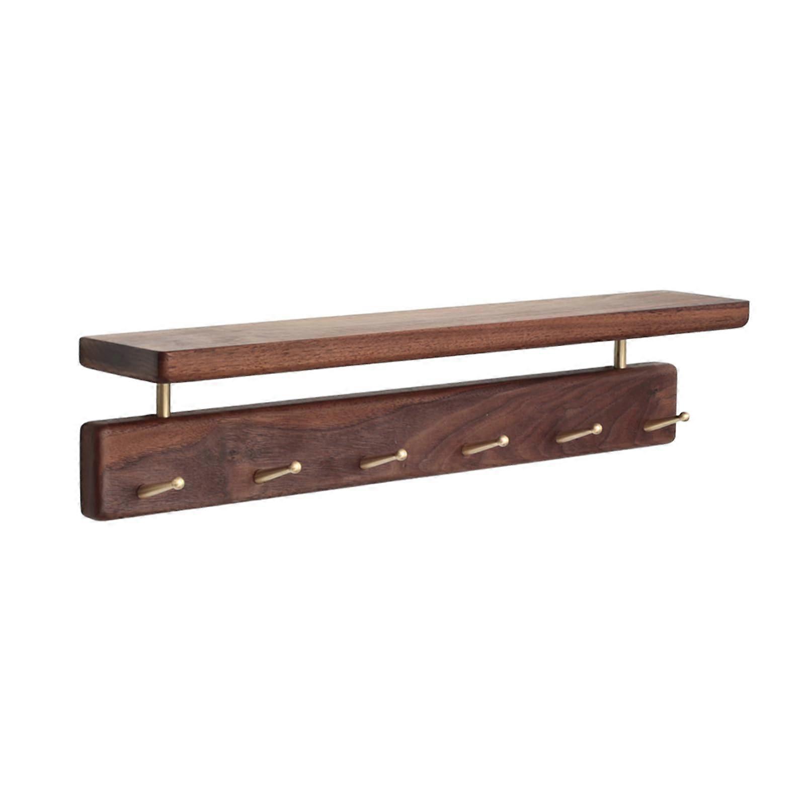 Wooden Wall Shelf with Hooks, Solid Walnut Coat Rack for Entryway, Bathroom, Kitchen, 46cm