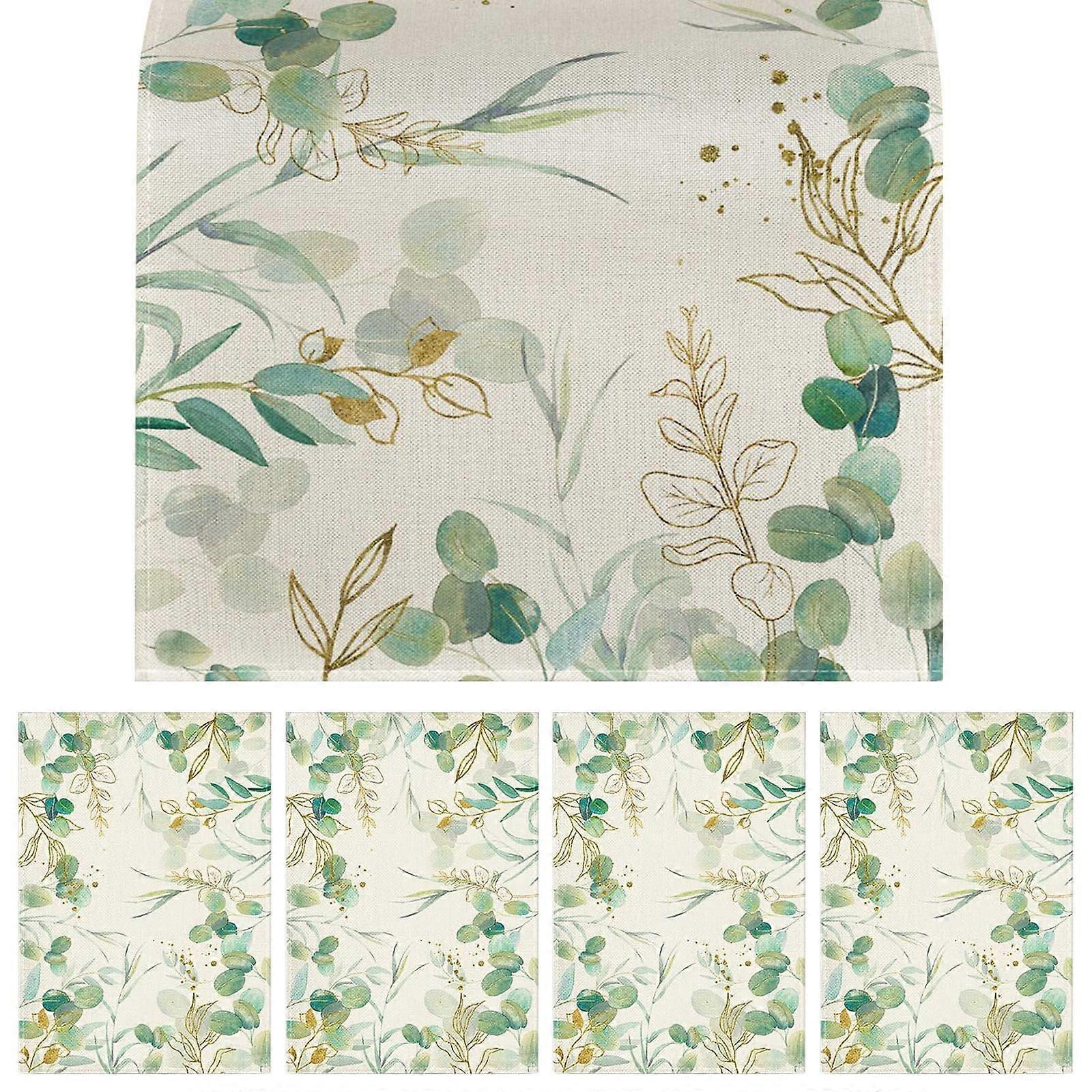 Yakbaofuo Decorative Table Banner Summer Table Runner And Placemats Green Leaves Spring Atmosphere Linen Tables 13x72 12x18