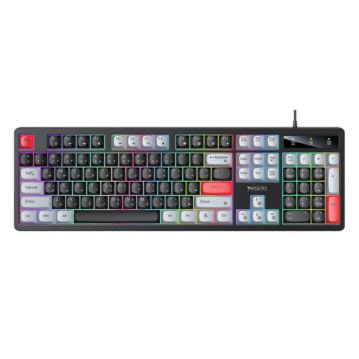 YESIDO KB44 104 Keys Wired Keyboard with RGB Backlight Low Noise Mechanical Keyboard,English+Arabic 