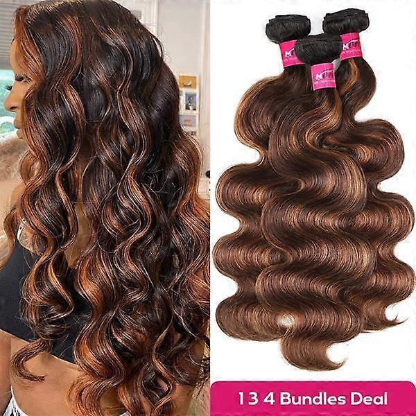 FB 30 brune highlights kroppsbølgebunter ombrefarget ektehårvev P4 27 brasilianske hårvevbunter 1 3 4 stk. hurtigvevde extensions #