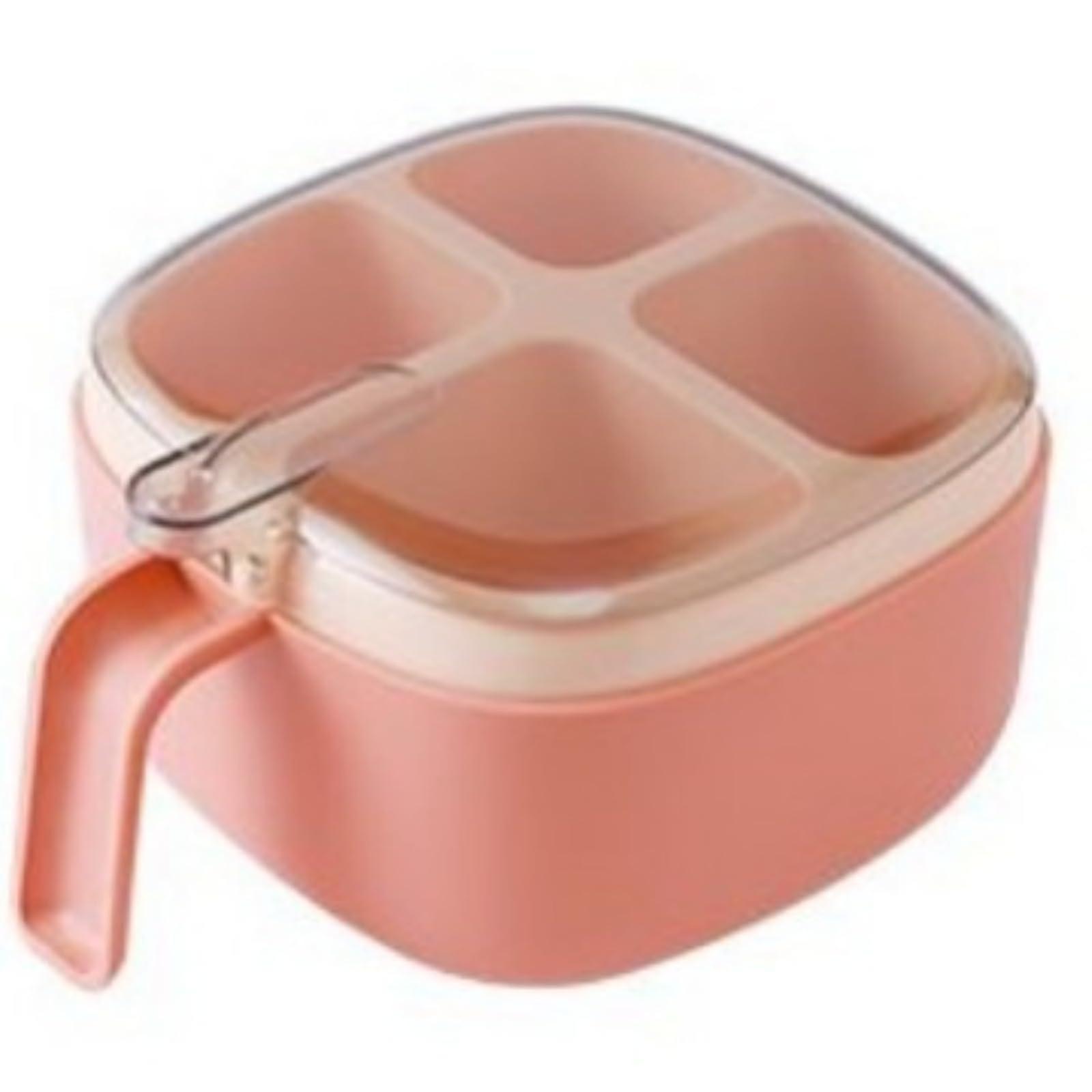 Seasoning Storage Box with Four Compartments, Transparent Flip Lids, Measuring Spoons, Pink