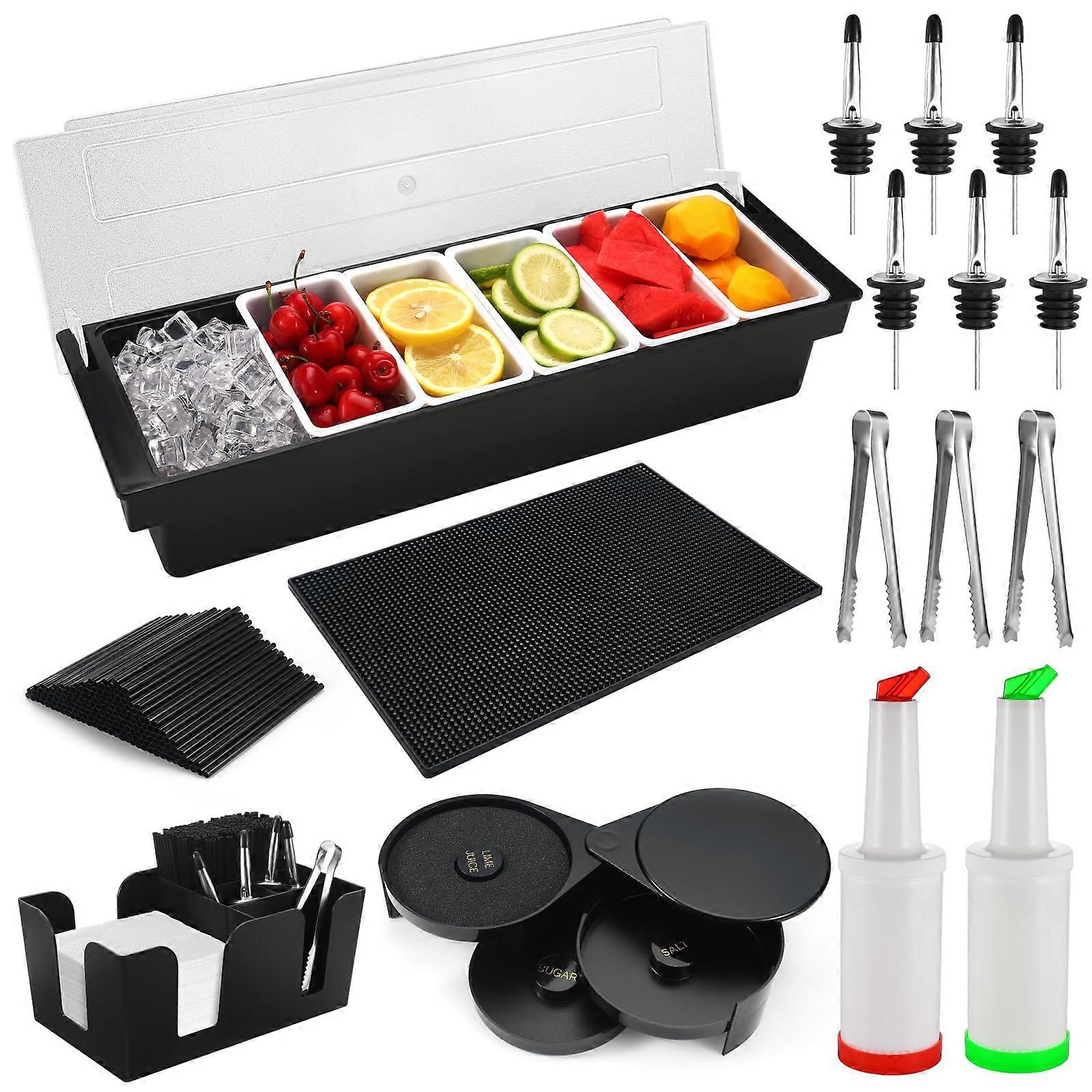 AllInOne Bartending Kit with Bar Mat, Glass Rimmer, Garnish Tray, Pourers and Straws Black