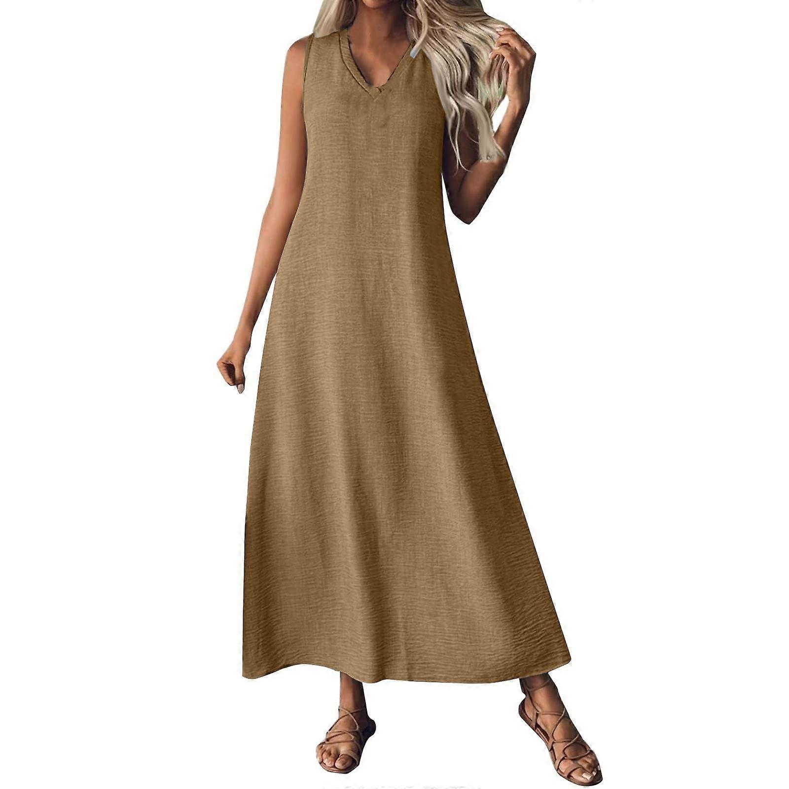Summer Dresses for Women Cotton Linen Maxi Dress Casual Sleeveless Solid  Long Sundress Vacation Outfits light brown XXL | Fruugo NO