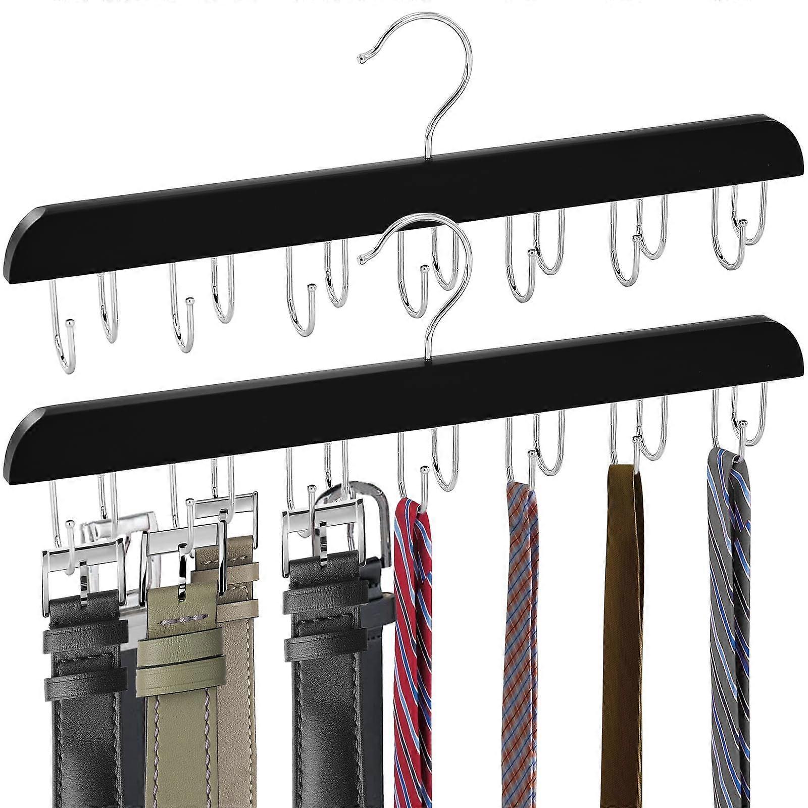 2 PCS Solid Wood Belt Organizer with 20 RustResistant Hooks, SpaceSaving Closet Belt Hanger