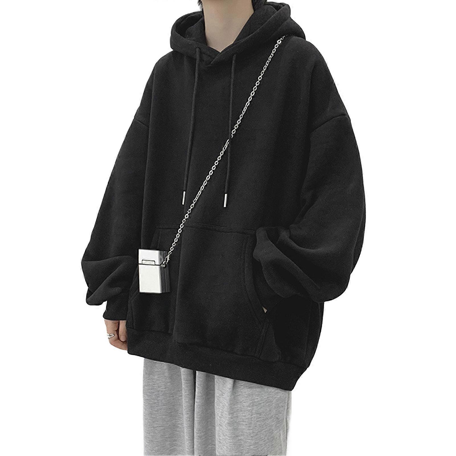Men Fall Winter Hoodie Drawstring Pure Color Elastic Cuff Thick Plus Size Big Patch Pocket Hooded