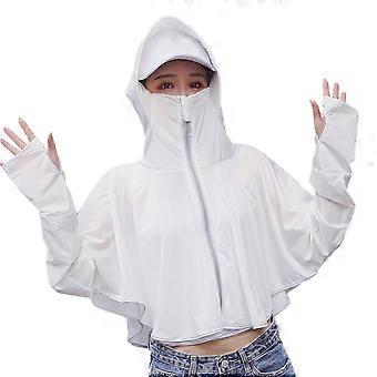 Women Sun Screen Cloak Summer Beach Sunscreen Cloak Sun Protection Wrap UV Protection with Hooded Zipper for Cycling Riding Beach Holiday (White)