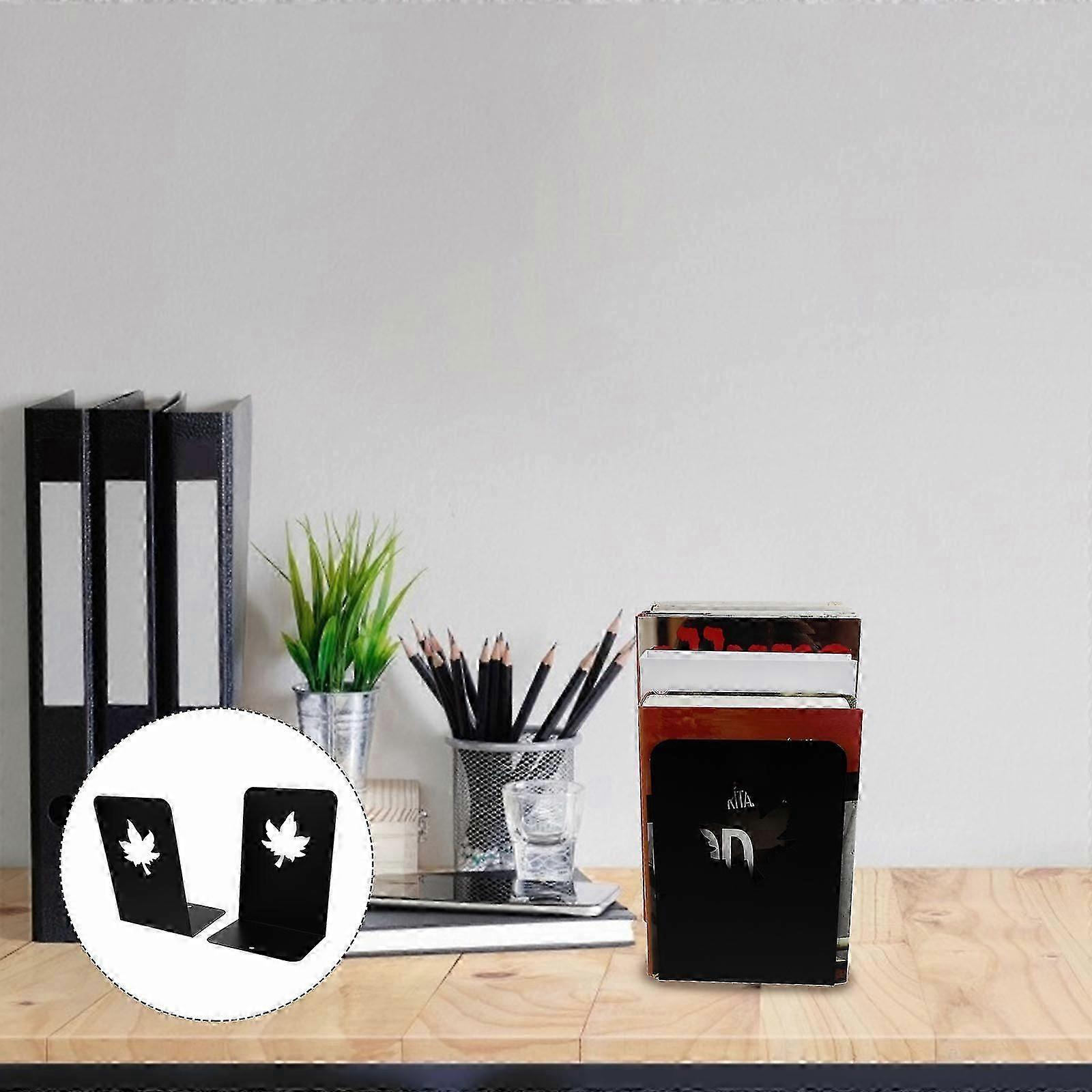 2Pcs Black Metal Maple Leaf Bookends for Desk Organization