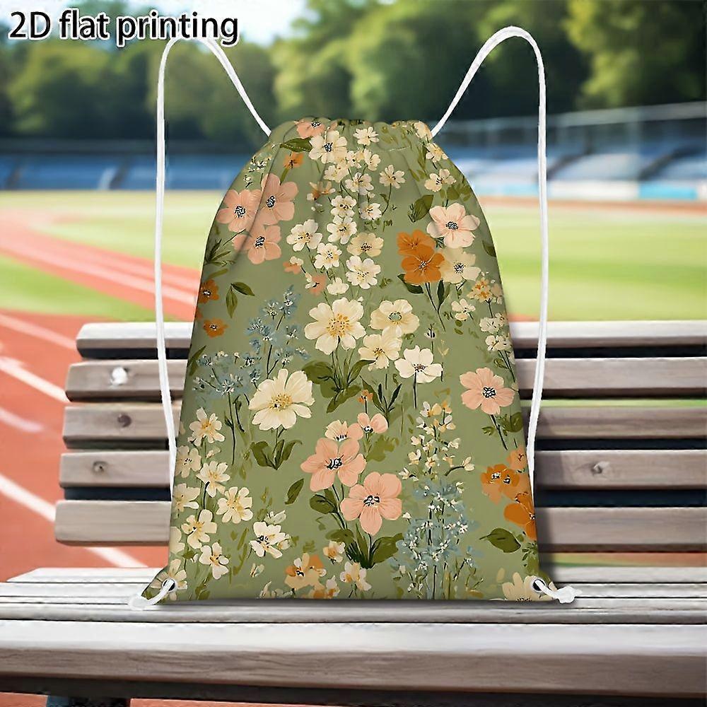 1pc Floral Spring Meadow 2D Flat Print Drawstring Backpack - Durable Soft-Shell Fabric with Adjustable Drawstring & Prac-Gqazw
