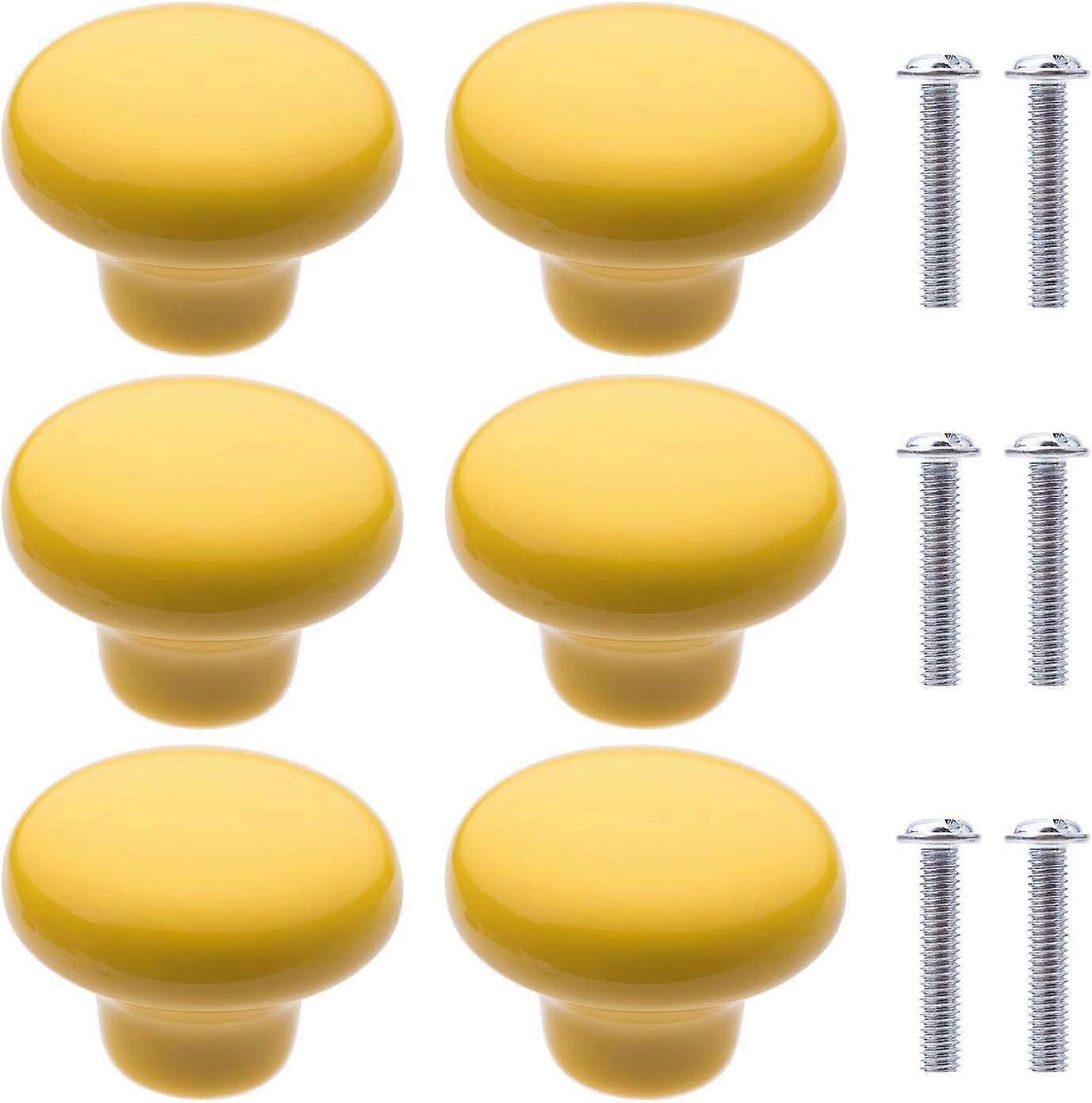 6Pcs Ceramic Furniture Knobs Round Shaped Ceramic Cupboard Drawer Knobs Handles for Library Kitchen Cabinets (Yellow)