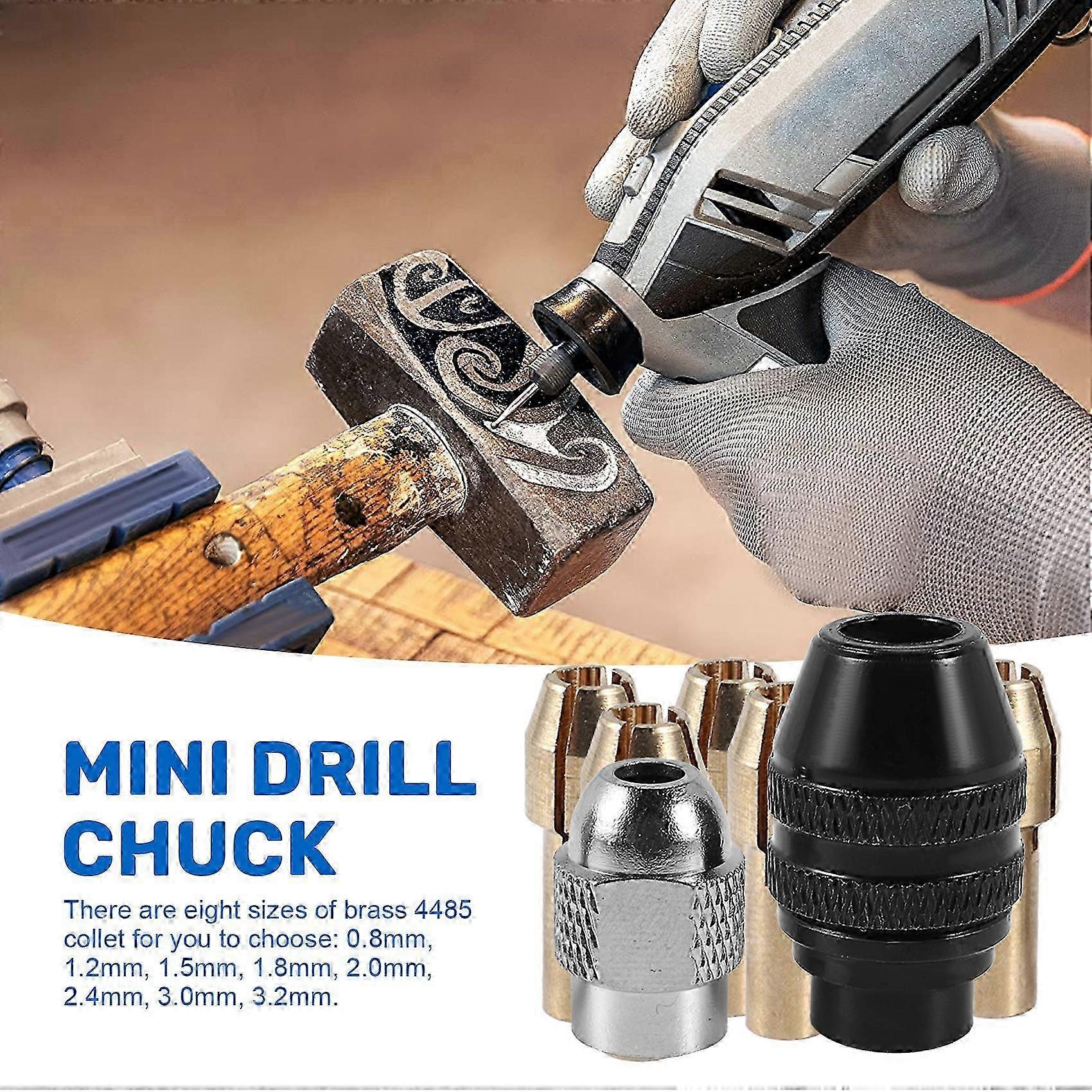 Keyless Drill Chuck Collet Set, 8-Piece Brass Collets, Precision 3-Jaw Chuck, Quick-Change, Compatible with Rotary Tools