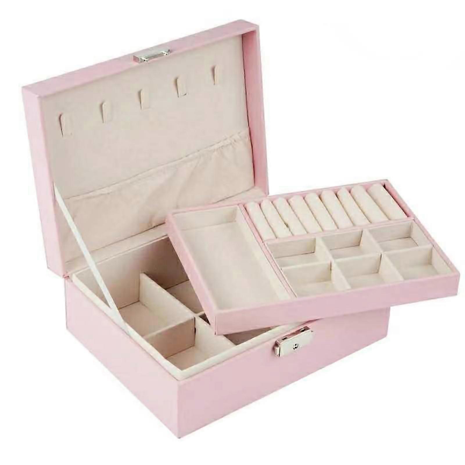 Pink Double-Layer Jewelry Box with Lock, Large & Durable (23x17x9cm)