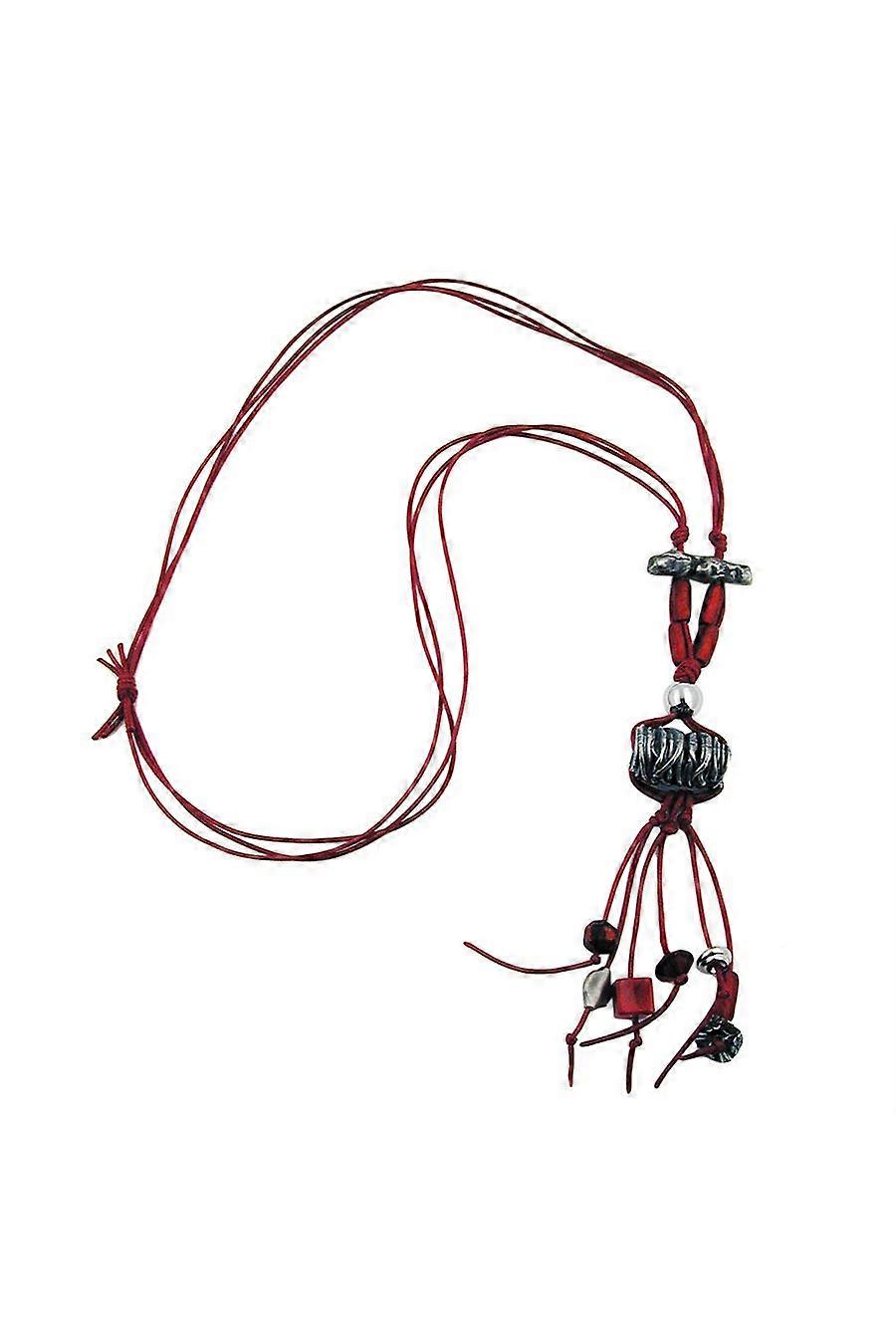 Necklace Net Bead Antique Silver/ Red Colours - Gl00794