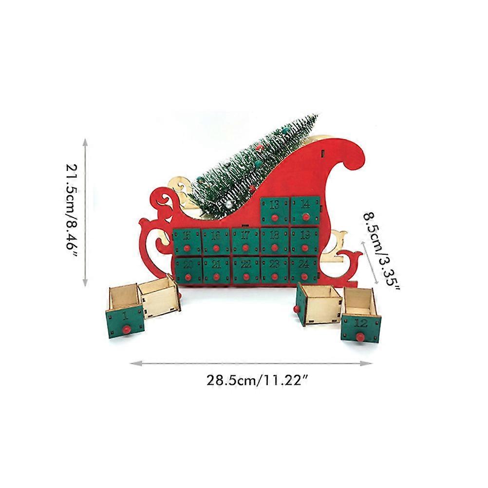 Christmas Sleigh Tree Wooden Advent Calendar Countdown 24 Drawers with LED Light Xmas Party Decor Ornament