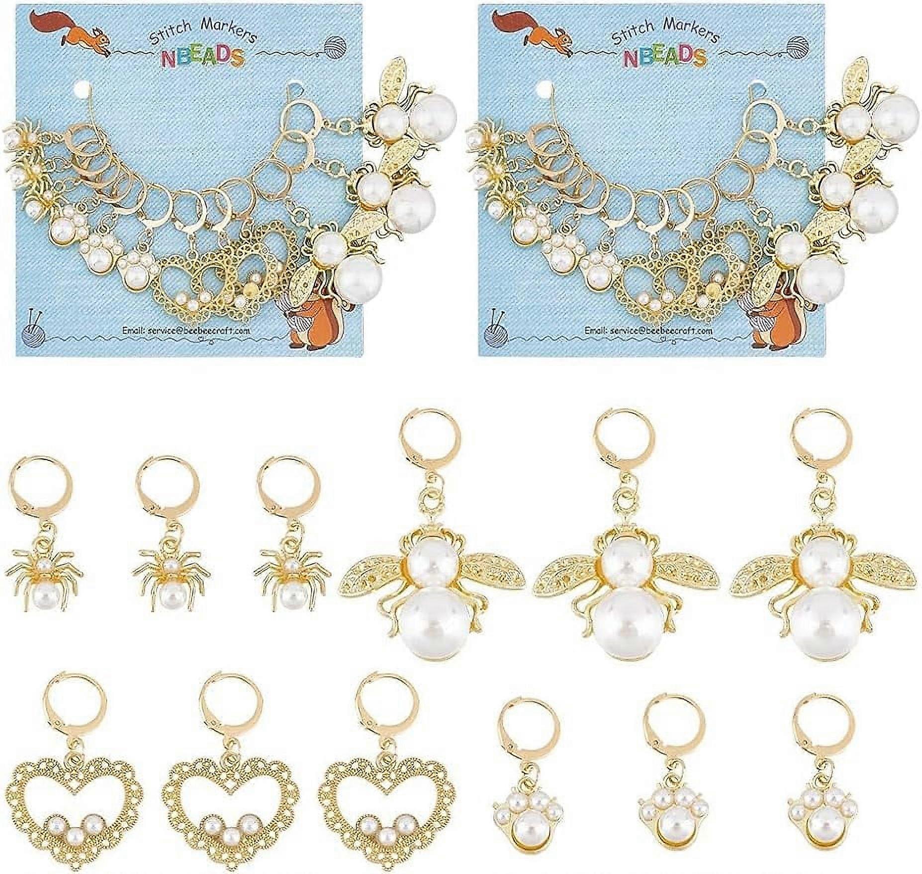 24 Pcs Acrylic Pearl Stitch Markers Rhinestone Bee/Heart/Spider Alloy Crochet Marker Charms Removable 304 Stainless Steel Clasps Locking Stitch Marker