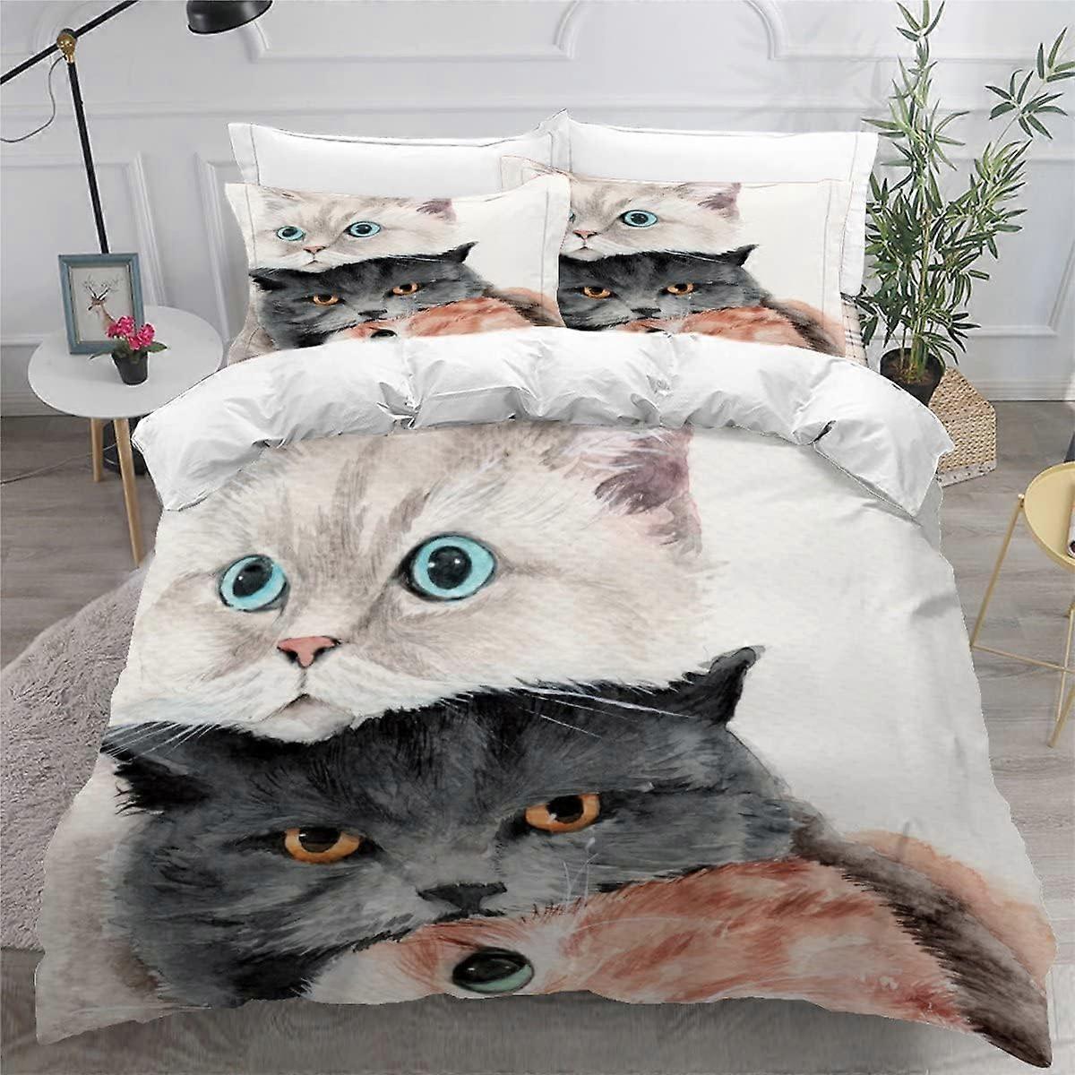 Çocuk Nevresim Kedi 3D Baskılı Kız Nevresim Takımı 1 Kişi Sevimli 3 Parça Rahat Yumuşak Mikrofiber Fermuarlı Yatak ve 2 Yastık Kılıfı