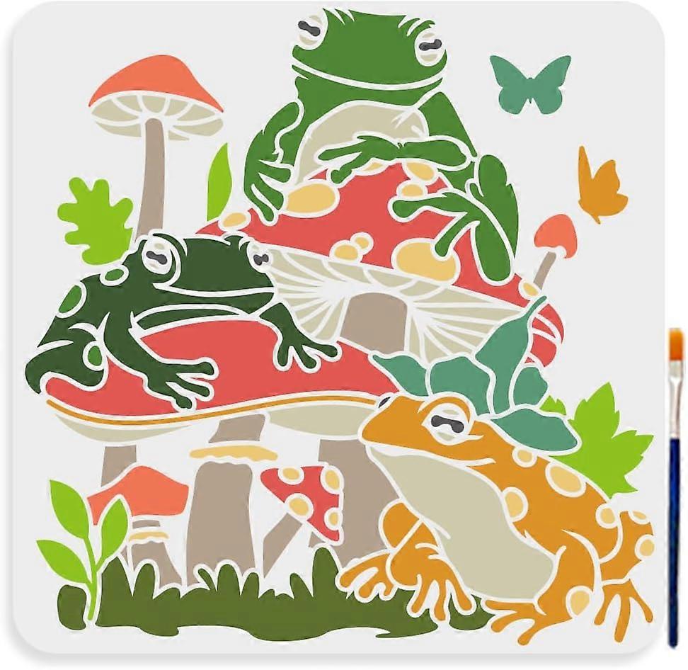 Frog Mushroom Butterfly Stencil 11.811.8inch Large Frog Leaves Stencil with Paint Brush Summer Mushroom Grass Drawing Template for Wood Canvas Fabric