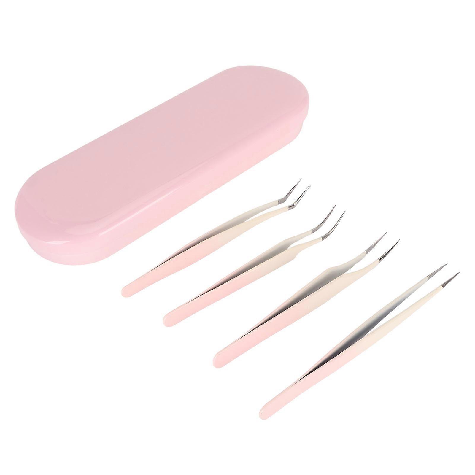 4pcs Eyelash Tweezers Set Stainless Steel False Eyelash Extension Tweezers Multifunctional Eyelashes Applicator Tools for Home Salon Pink