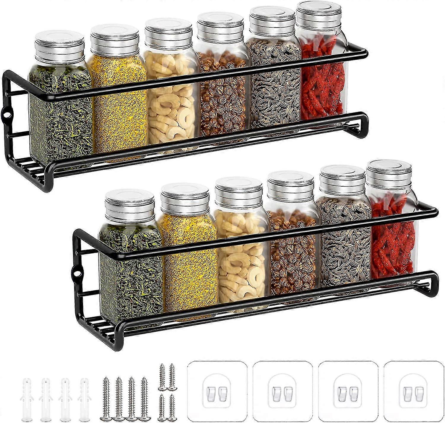 Kitchen Spice Rack, Metal ,without Drilling,kitchen Wall Mounted,29x6x6cm (black,2pcs)