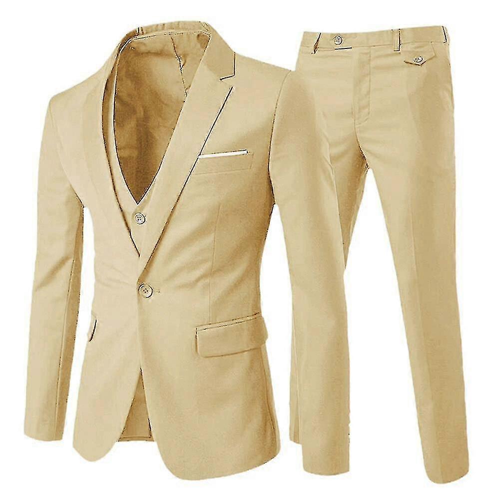 ZZY-メンズスーツ3ピースウェディングビジネスパーティー無地スリムワンボタンスーツ(ブレザー+ベスト+パンツ)